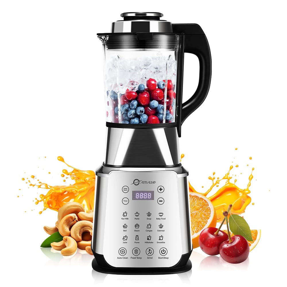Ash01-S Stainless Steel Blender With Heating, 26000-60000Rpm High Speed Food Processors Blender For Kitchen, 1200W Glass Jar Ble