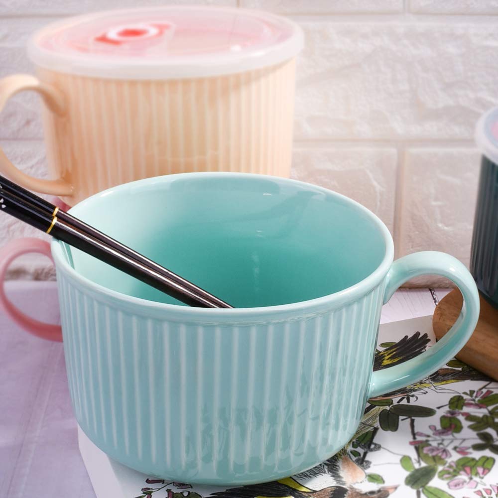 Lmrlcs Microwavable Soup Bowl With Handle And Lid, 30.4 Oz Cereal Bowls For Oat Instant Noodles, Snacks (Blue)