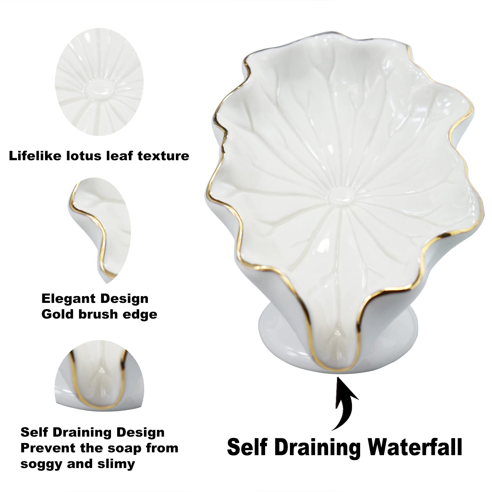 Soap Dish Ceramic White Lotus Leaf Shape Soap Holder Self Draining Soap Dish Waterfall Slot Sponge Holder Bathroom Accessories for Bathroom  Kitchen Bar Counter.