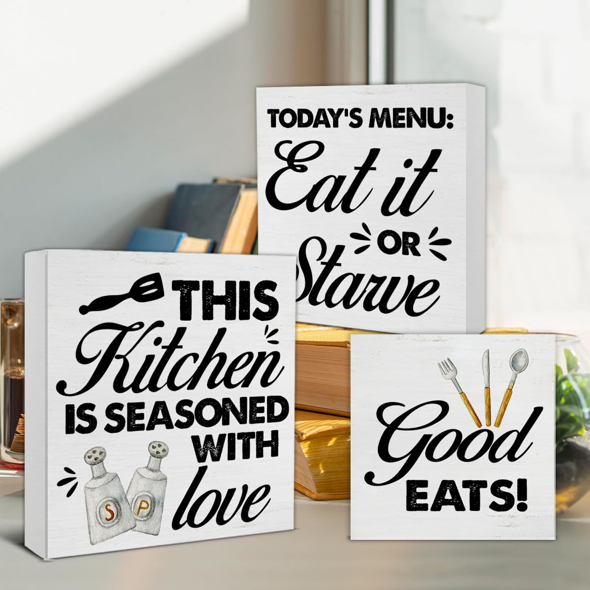 Qlnuk Kitchen Wood Signs Home Decor Funny Kitchen Wooden Blocks Signs for Tiered Tray Table Desk Shelf Decor Set of 3