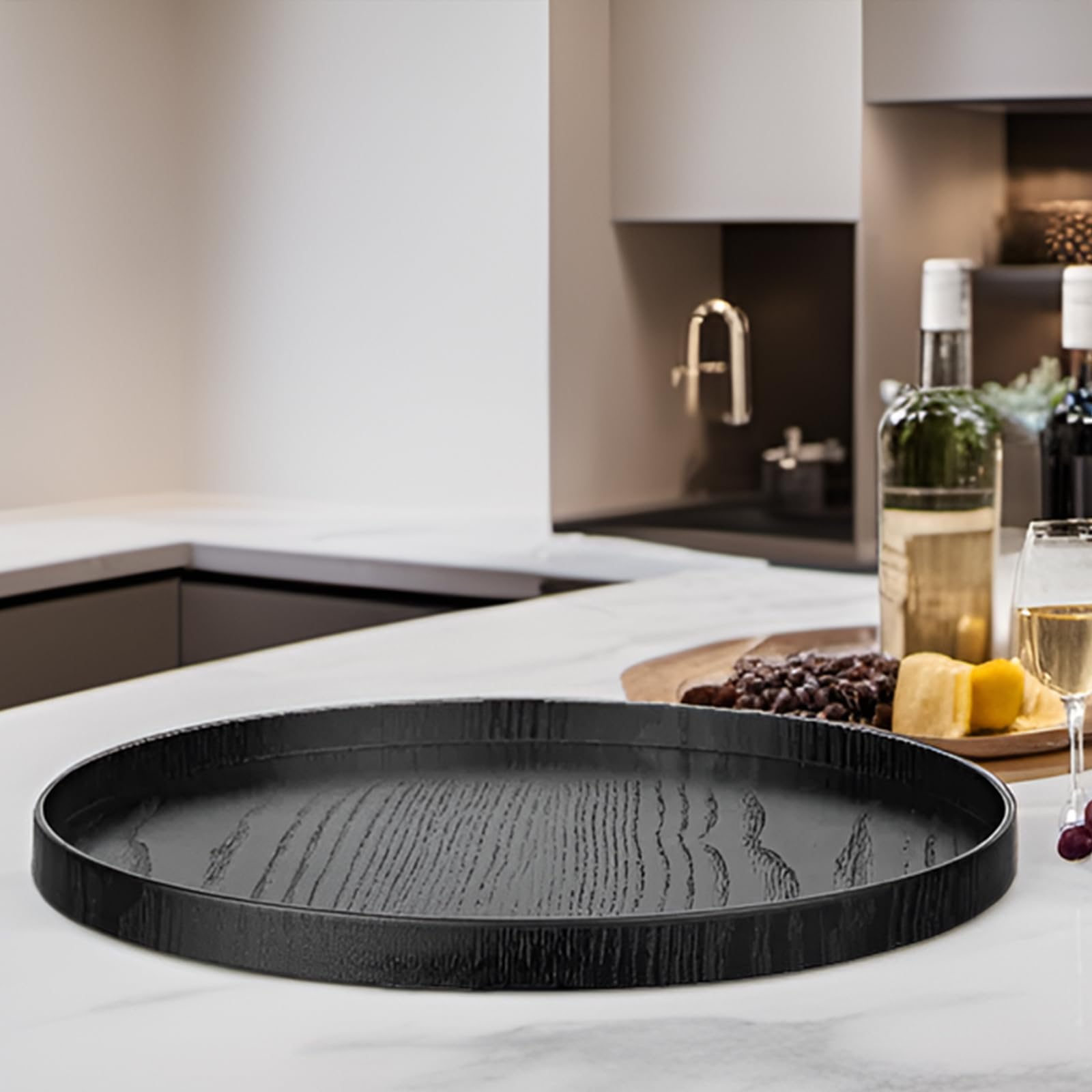 Round Solid Wood Serving Tray Extra Large Tea Coffee Snack Food Meals Serving Plate Non-Slip Kitchen Party Bar Server Ottoman Tr