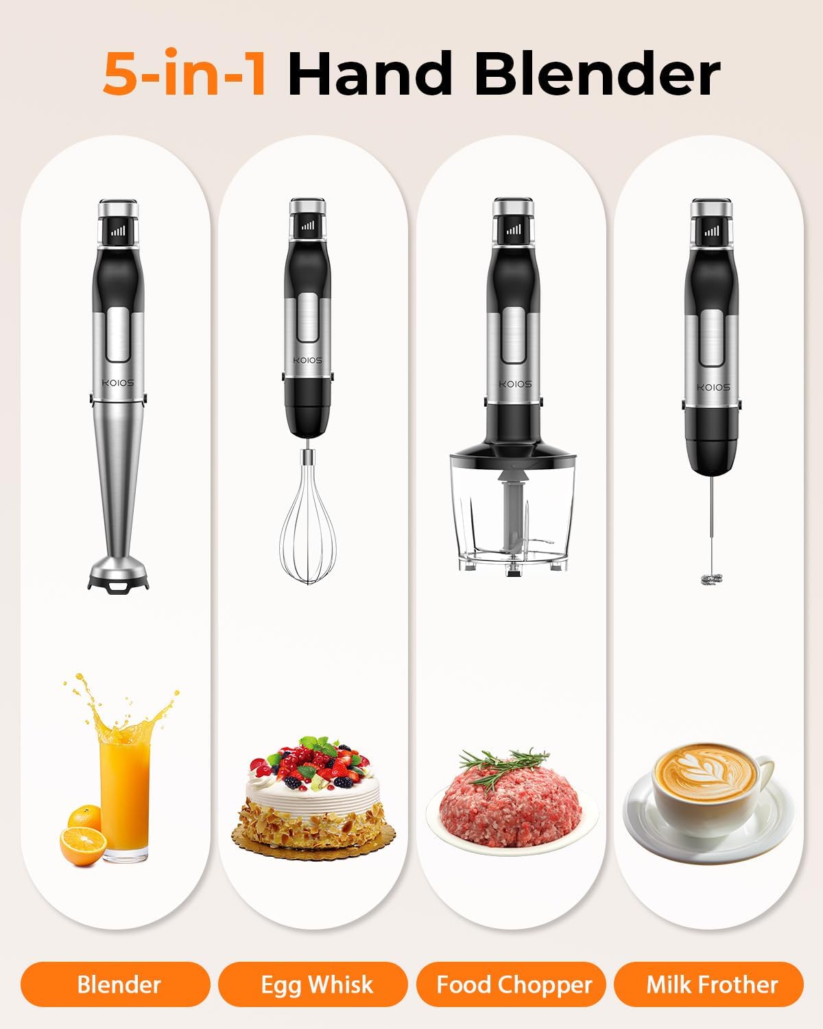 Koios Immersion Blender, 1100W Trigger Variable Speed Hand Blender, 5-In-1 Immersion Blender Handheld, Anti-Scratch Stick Blende