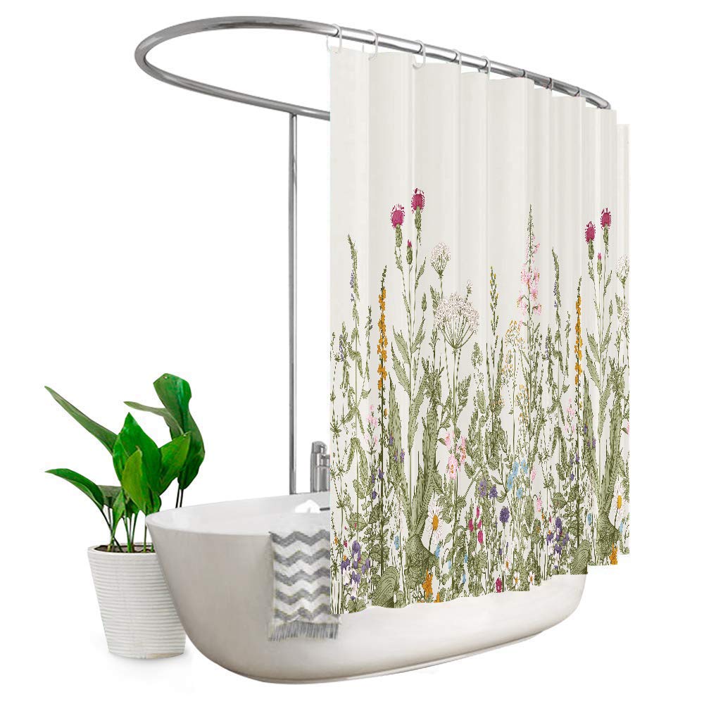 Riyidecor Extra Wide Wildflower Clawfoot Tub 9Ft Shower Curtain 108Wx72H Inch 18 Metal Hooks Botanical Colorful Border Herbs Dec
