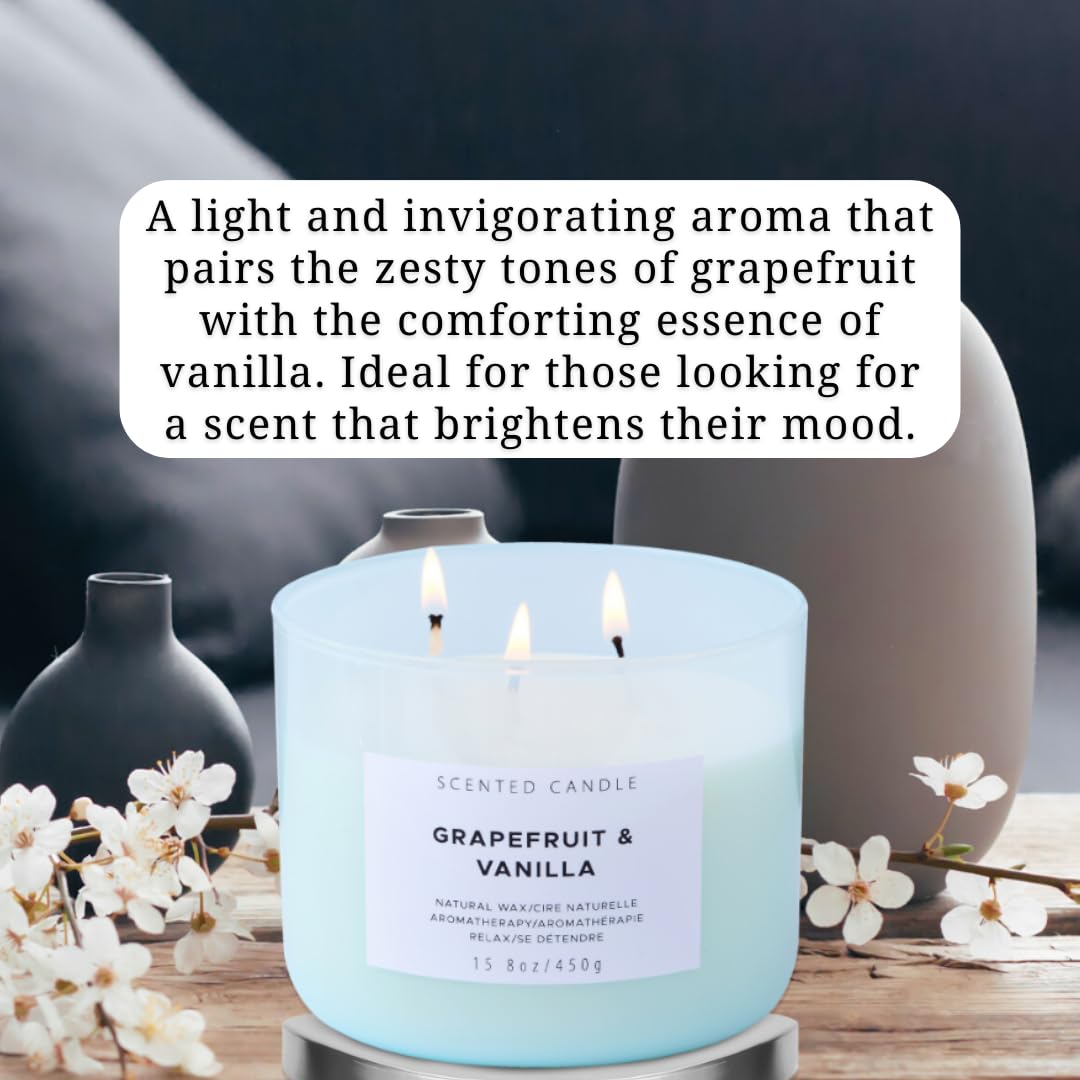 Large Grapefruit Vanilla Candle | Natural Soy 3 Wick Scented Candle for Home Relaxation 15.8 oz | Aromatherapy Stress Relief Can