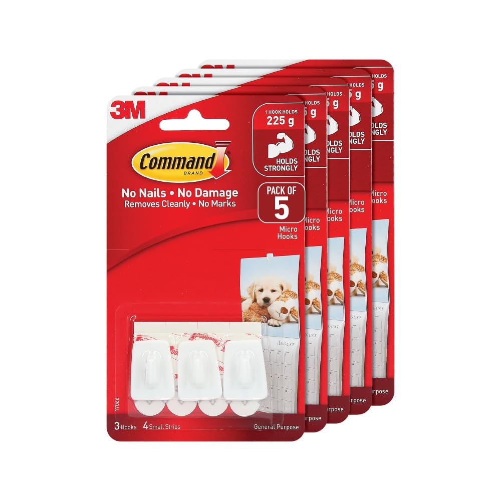 3M Command, Micro Utility Wall Hooks, Up To 225Gms, Holds Strongly, Reusable, Adhesive Hooks For Wall, MultiSurface Damage Free
