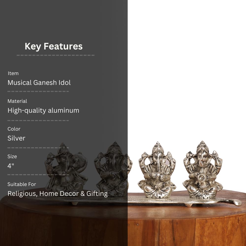 Smiles Gift Silver Plated Musical Ganesh Idol | Aluminium Figurines | Showpiece For Table, Pooja, Mandir & Return Gift