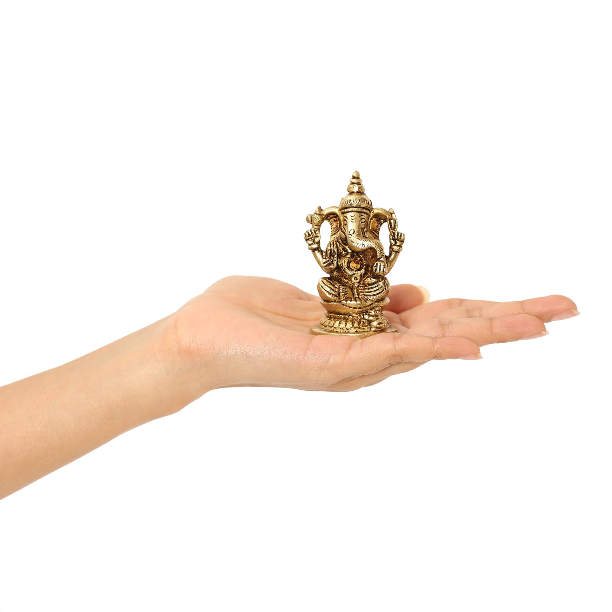 10Club 100% Pure Brass Lord Ganesha Idol for Home | 6.8 CM | Ganesh Murti | Yellow Antique Finish