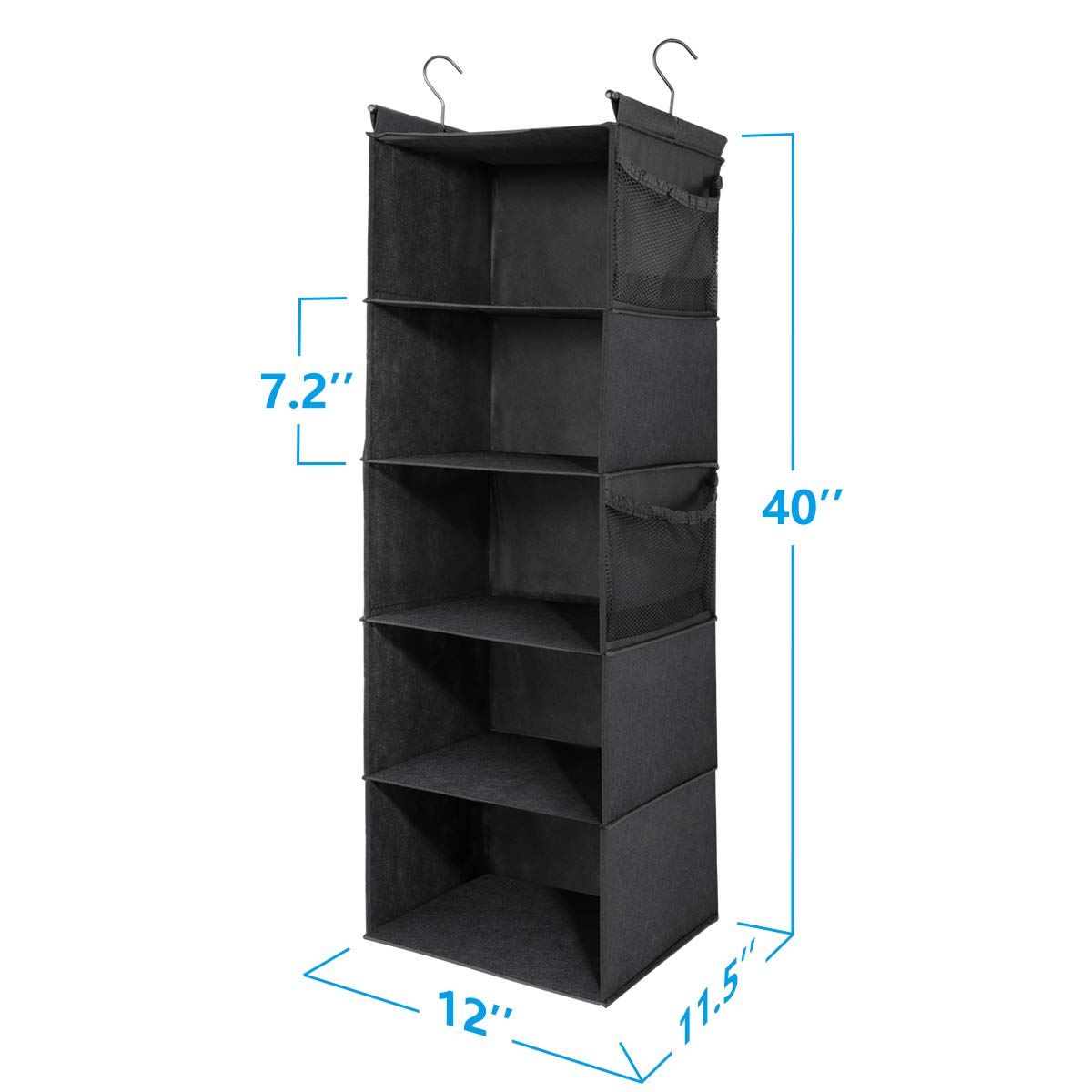 Max Houser 5 Shelf Hanging Closet Organizer,Space Saver, Closet Hanging Shelves With (4) Side Pockets,Foldable (Black)