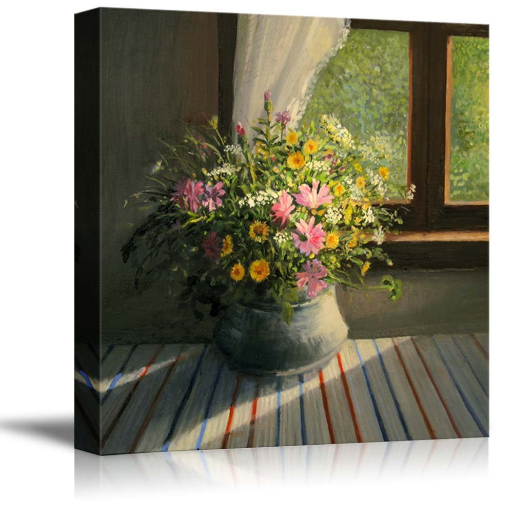 A Bouquet Of Wild Field Flowers Caressed By A Sunbeam Trough The Window In Oil Painting Style - Canvas Art Wall Art - 16'' X 16'
