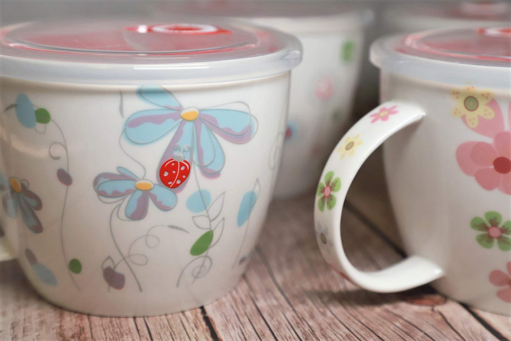 High Quality Microwavable Ceramic Noodle Bowl With Handle And Seal Fine Porcelain Floral Design (Bluedaisy)
