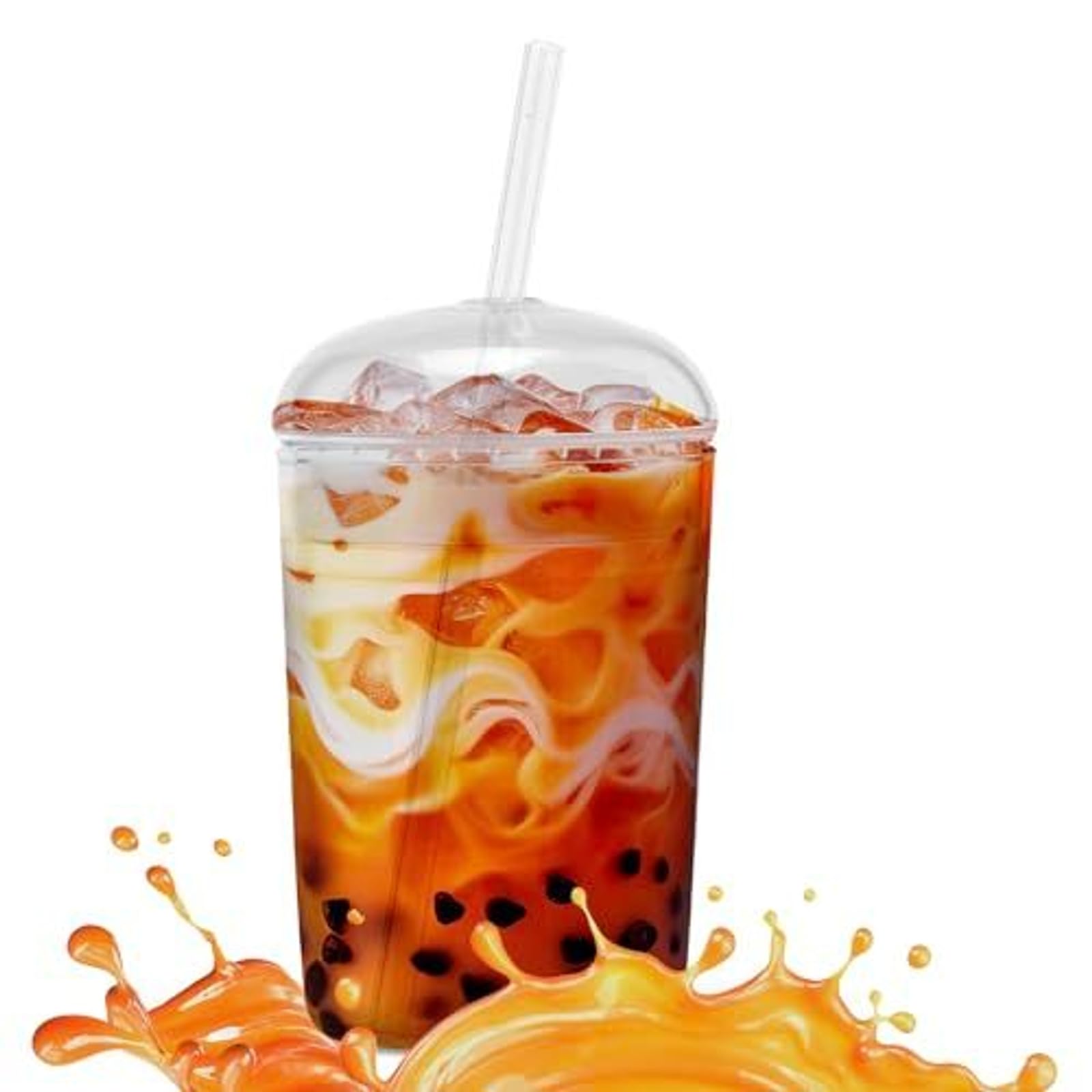 Maplefield Glass Tumbler with Dome Lid, 16oz - Reusable Iced Coffee Cup with Straw - Spill-Resistant Drinking Cup for Frappes & 