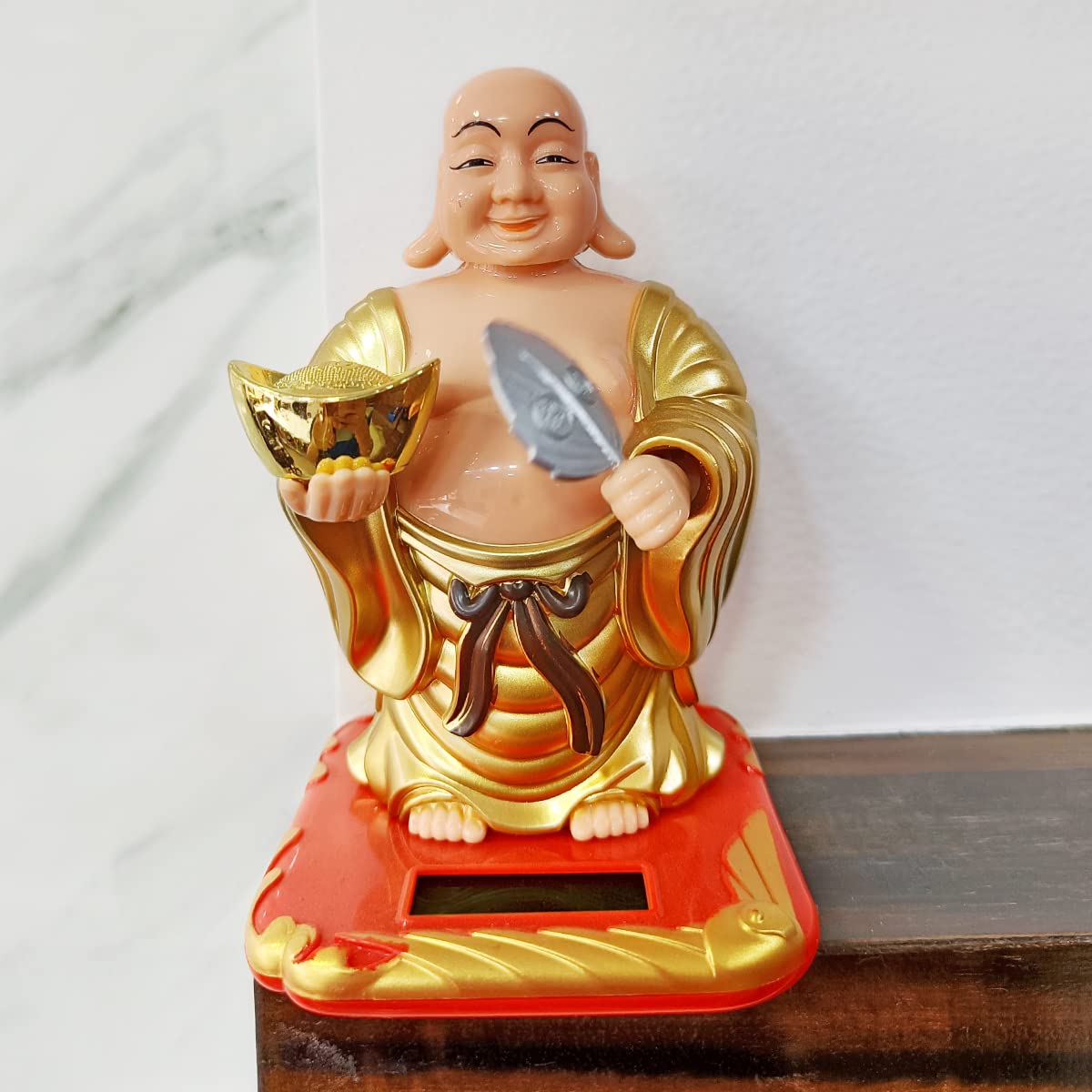Shubhanjali Feng Shui Waving Fan and Ignot with Solar Laughing Buddha Statue for Home Decor Items Car Dashboard Accessories Gift