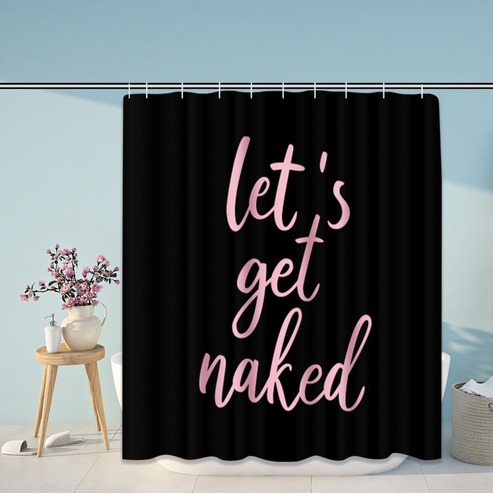 Artsocket 4Pc Pink Let'S Get Naked Shower Curtain Sets Black Bathroom Decor With Rugs, Non-Slip Rug,Toilet Lid Cover, Bath Mat A