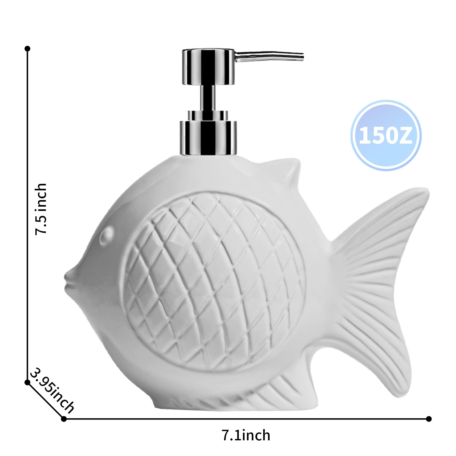 Amaauto White Soap Dispenser Bathroom, Ceramic Fish Shaped Lotion Hand Soap Dispenser With Easy-To-Press Stainless Pump, Large 1