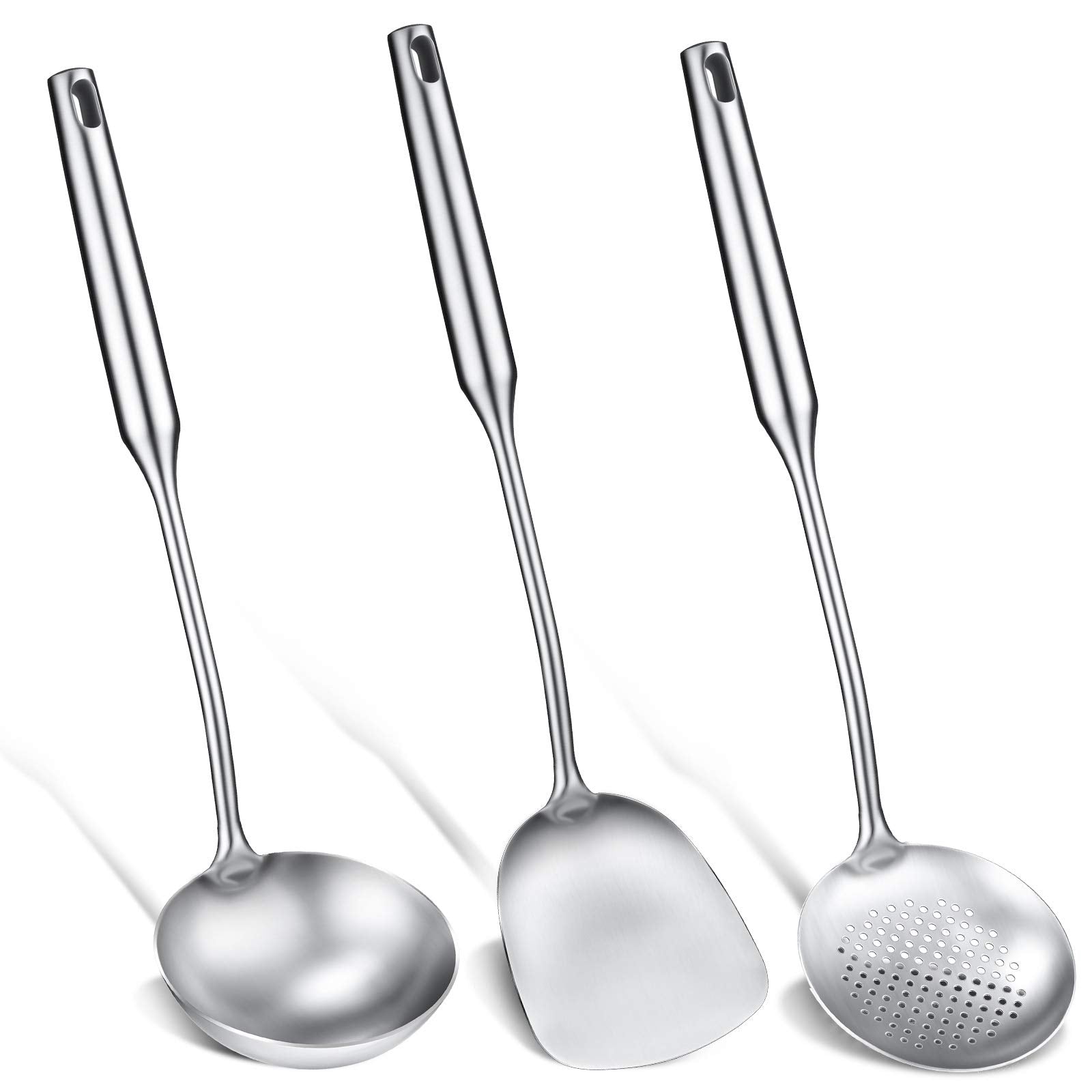 Patelai 3 Pcs 15In Wok Spatula And Ladle, 304 Stainless Steel Wok Utensils All Metal, Utensils Skimmer Ladle Tool Set For Carbon