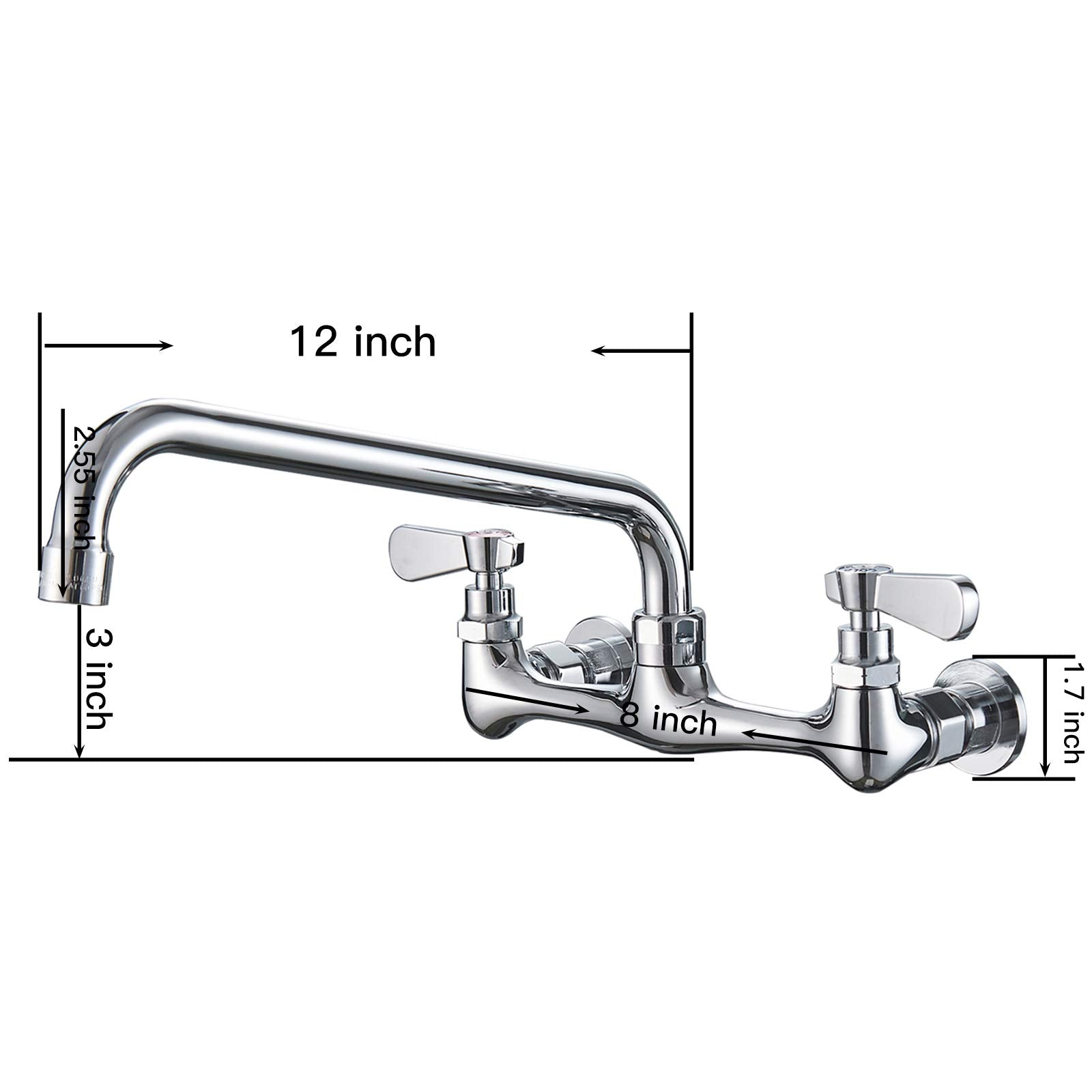 Kitchen Faucet Wall Mount With 12 Inch Swivel Spout 8'' Center Commercial Sink 2-Handle No Lead Faucet Mixer Tap Polish Chrome
