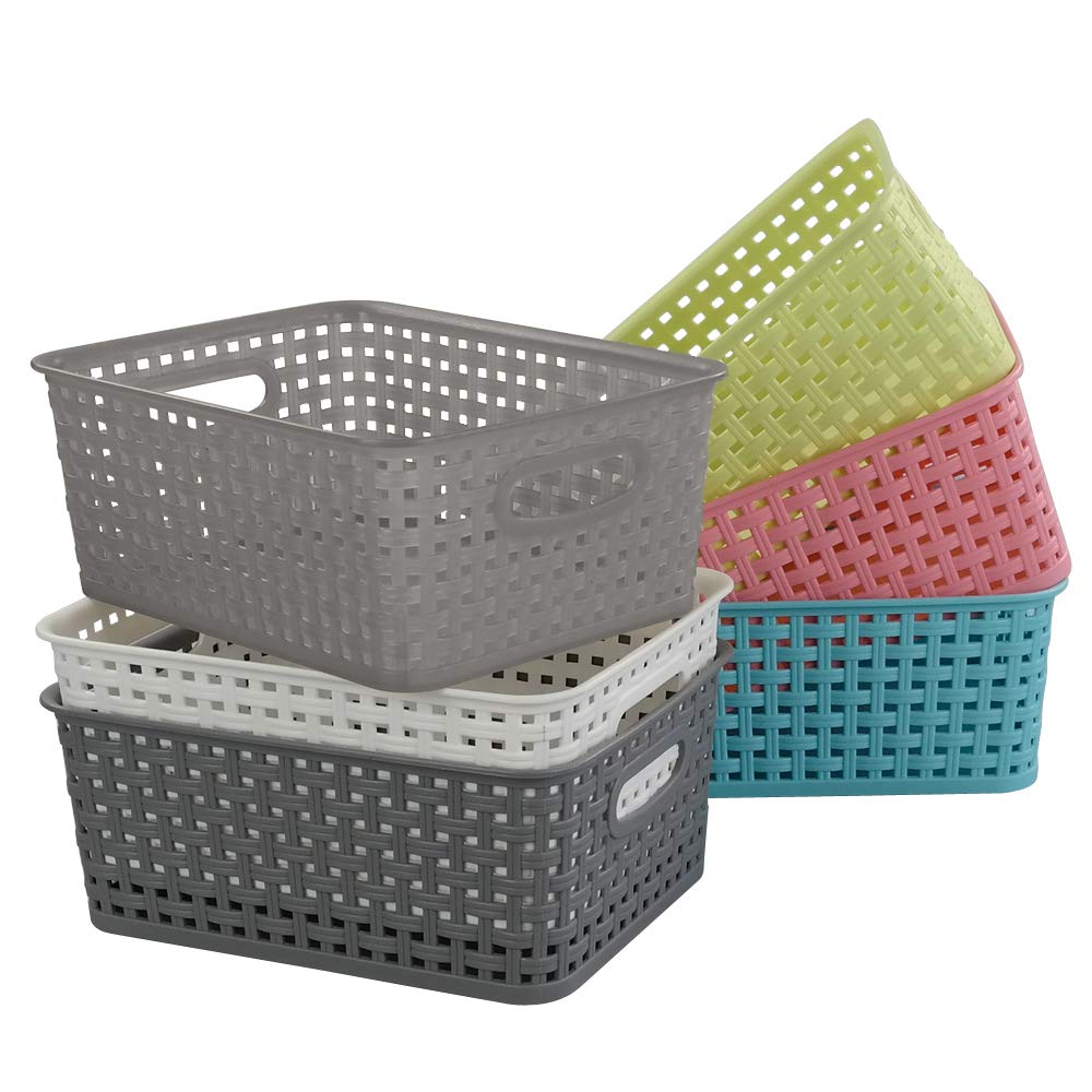 Rinboat Mixed Color Rectangle Storage Baskets  Plastic Weave Shelf Baskets  6 Packs