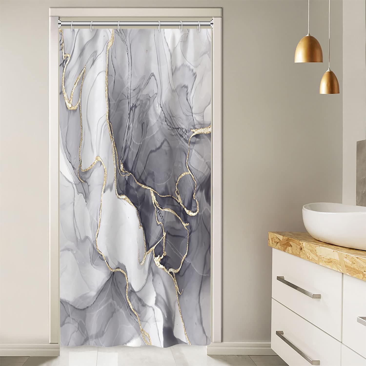 Ruelvth Stall Shower Curtain, Gray Marble Small Shower Curtain Modern Waterproof Fabric Narrow Rv Shower Curtain Set With Hooks,