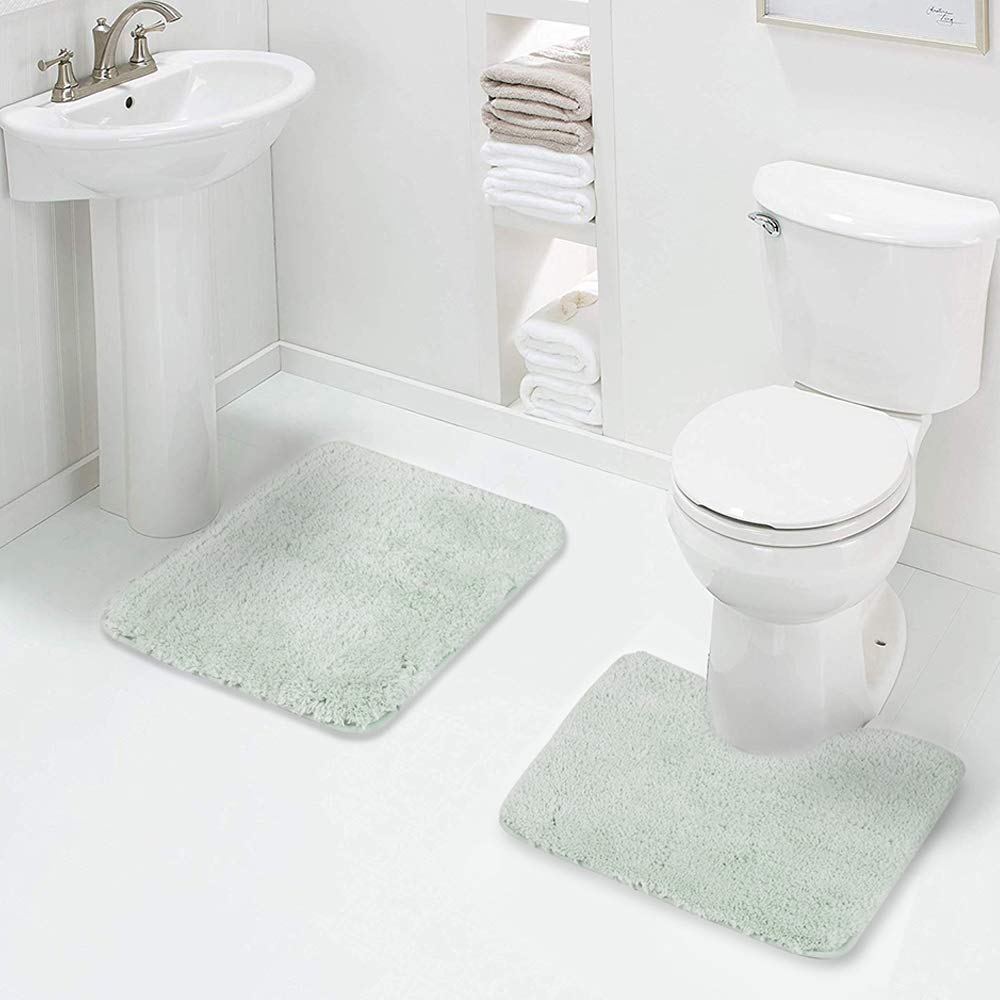 Walensee Shaggy 2 Piece Bath Rug Sets (Pale Green) 20 X 24 U Shape Contour Rug & 20 X 32 Bathroom Rug Machine Wash/Dry Bath Mats
