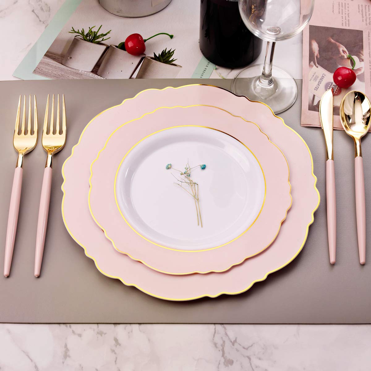 Wdf 30Guest Pink Plastic Plates - Hign-End Baroque Design - Gold Plastic Silverware With Pink Handle-Baroque Pink &Gold Plastic
