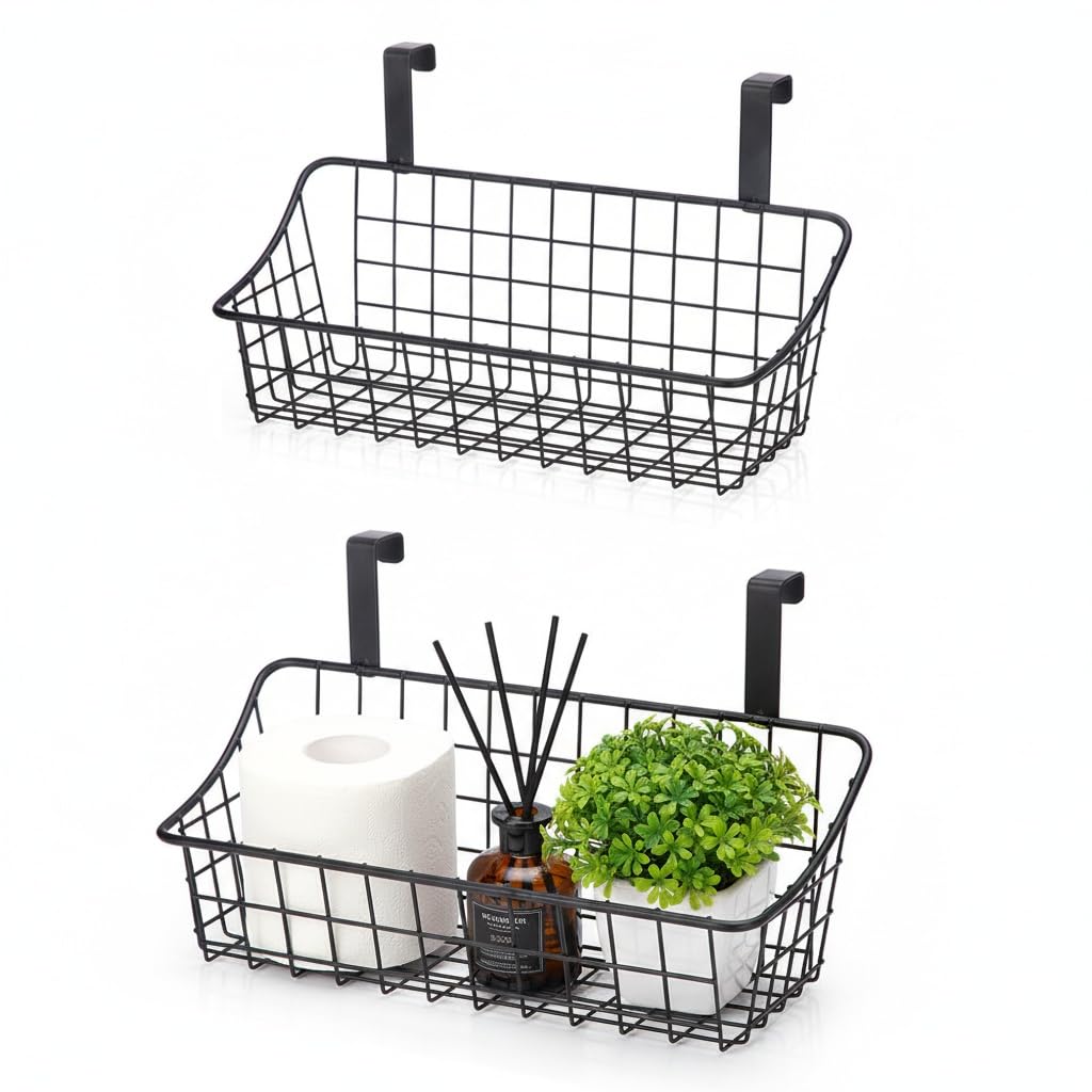 HDYOUDO Basket with hook Grid Storage Basket, Hang it behind a door or on a railing, Over the Cabinet Door, Small, BLack,2 Pack