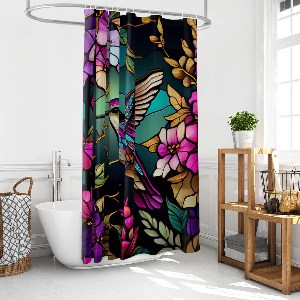 Reateforin Spring Shower Curtain Flower,Hummingbird Shower Curtain For Bathroom With Hooks,Watercolor Polyester Fabric Shower Cu