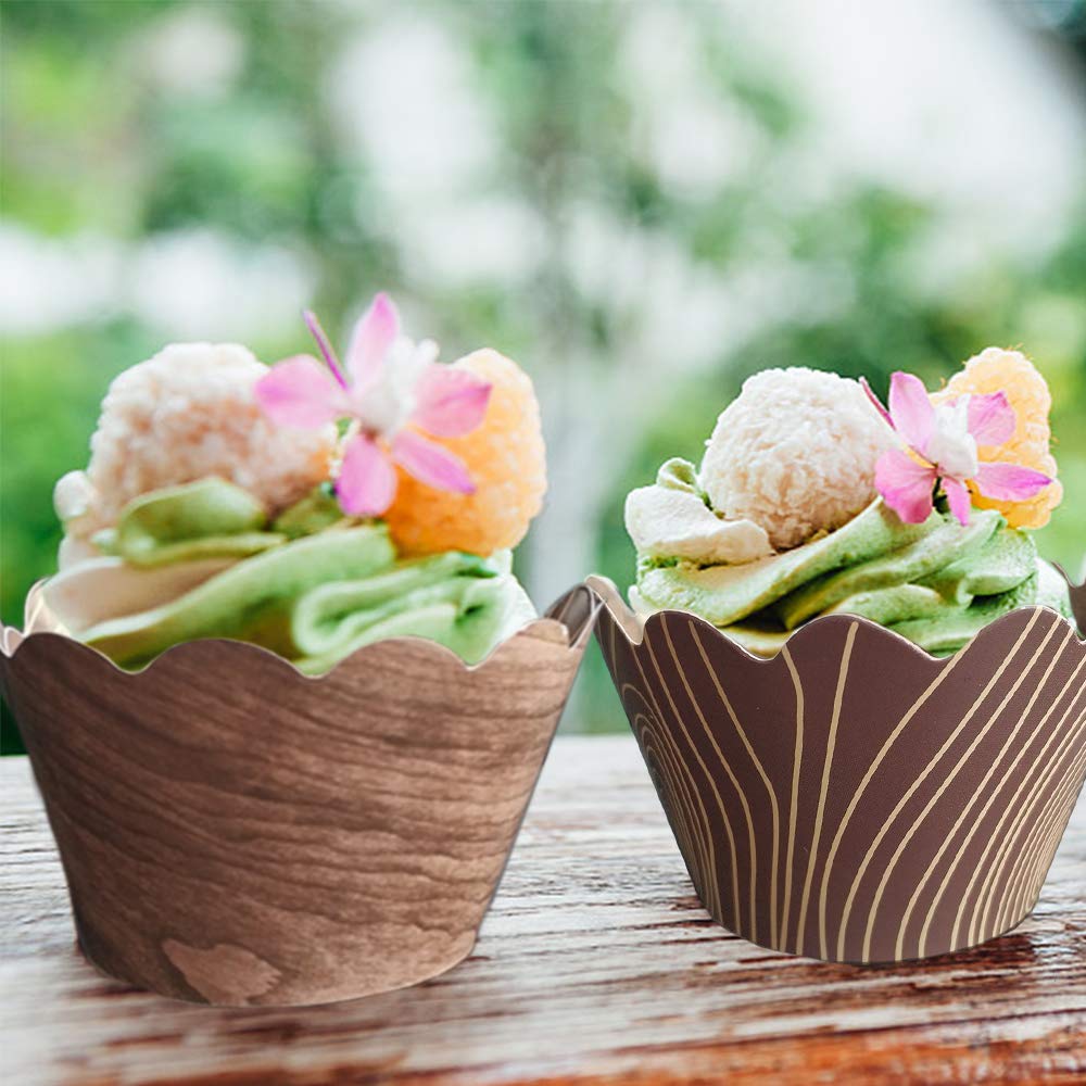 Woodland Cupcake Wrappers,50Pcs Wood Grain Cupcake Wrappers For Rustic Weddings,Wild Animals Baby Shower Decorations,Rustic Wood