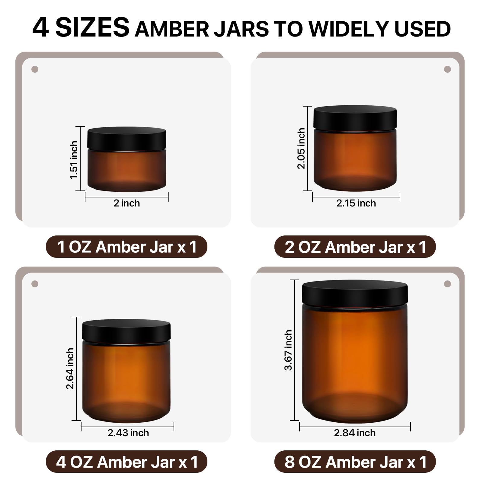 Amber Glass Jar With Lids, 8Oz, 4Oz, 2Oz, And 1Oz Glass Jars, Cosmetic Glass Round Jars With Sticker And 4P Spatulas, Reusable T