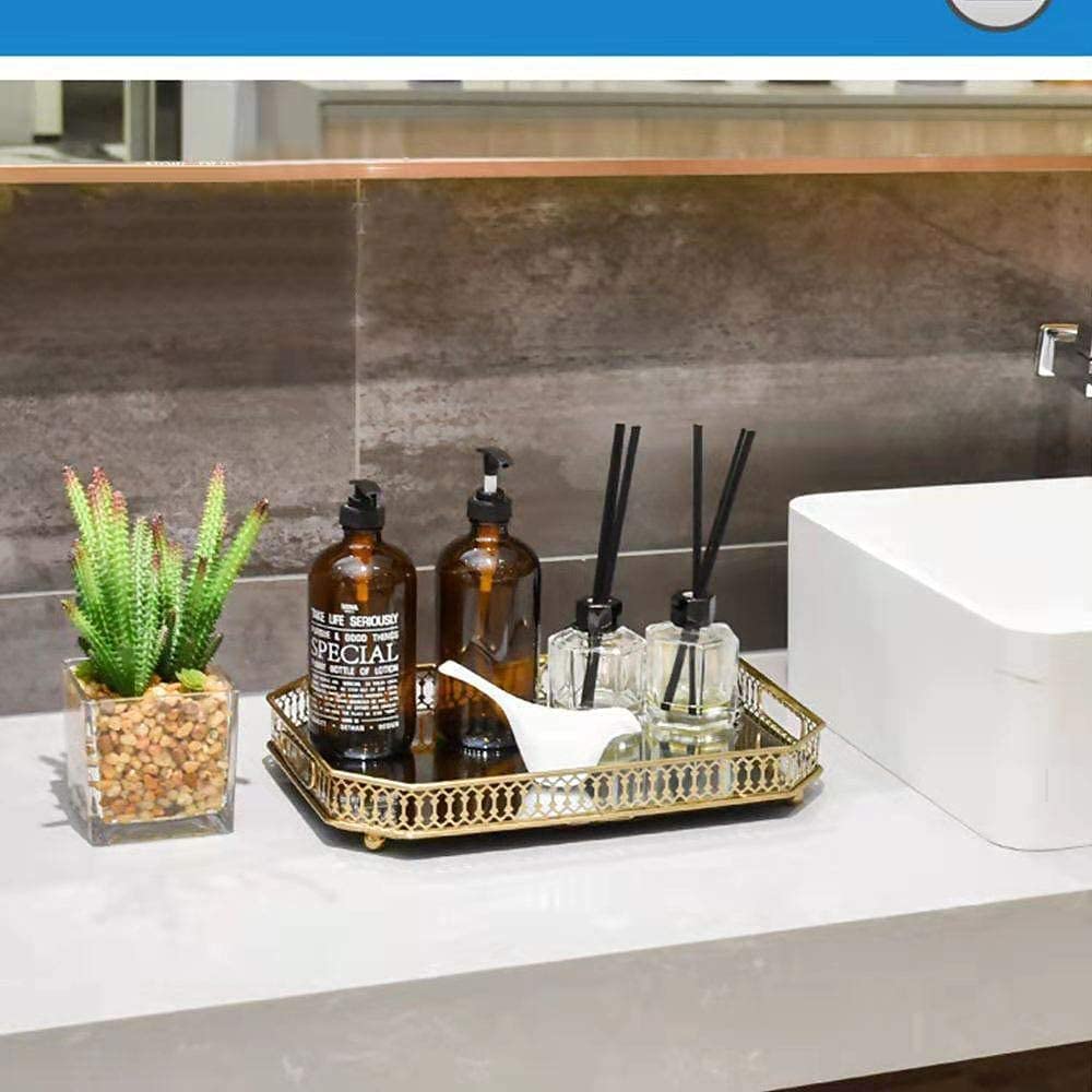 Mirror Tray, Perfume Tray, Vanity Makeup Decorative Jewelry Tray With Metal For Dresser Bathroom Bedroom Countertop Organizer, L