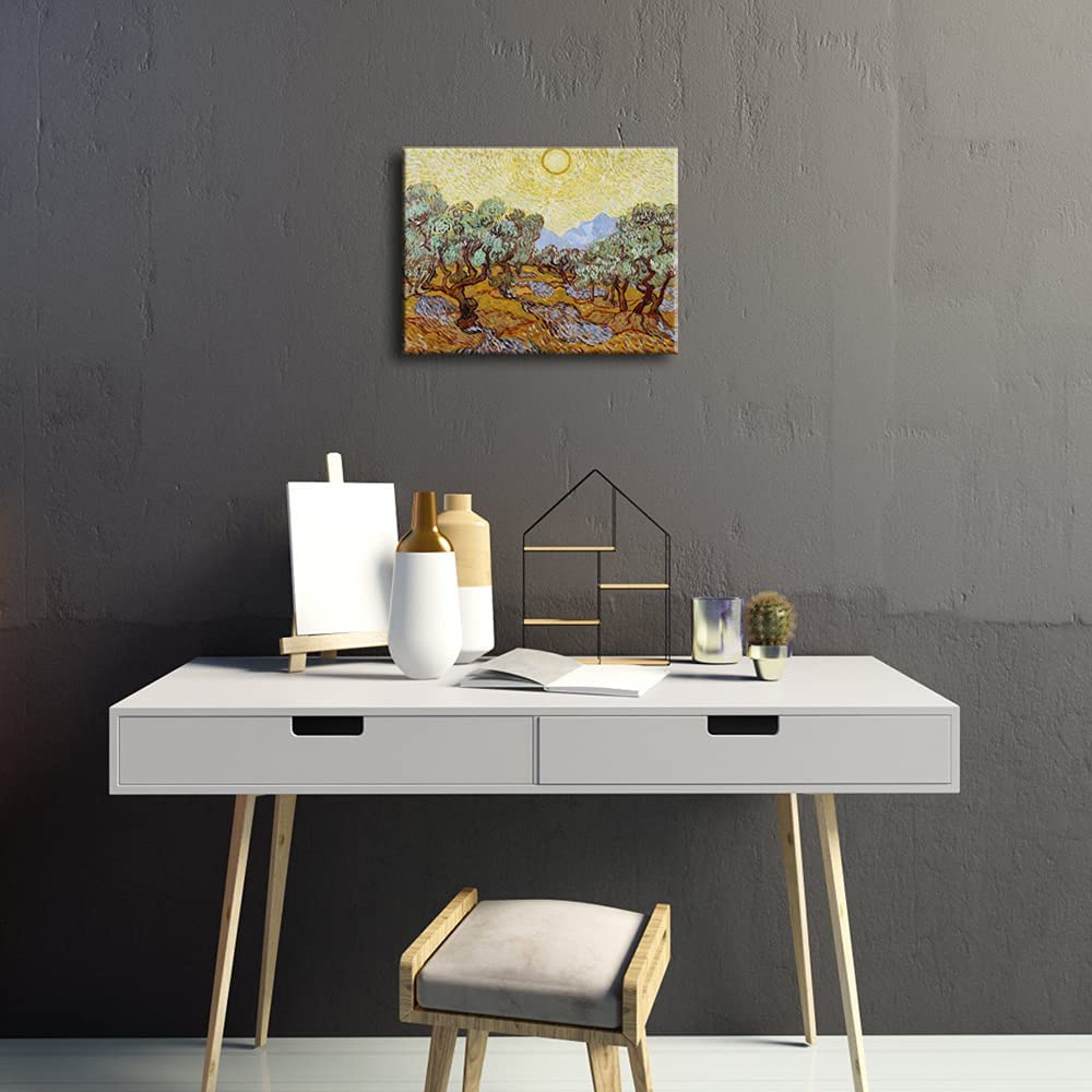 Wieco Art Olive Trees with Yellow Sky and Sun Canvas Print of Vincent Van Gogh Wall Art Paintings Reproduction Field Pictures Artwork for Wall Decor and Home Decorations VAN-0071-3040