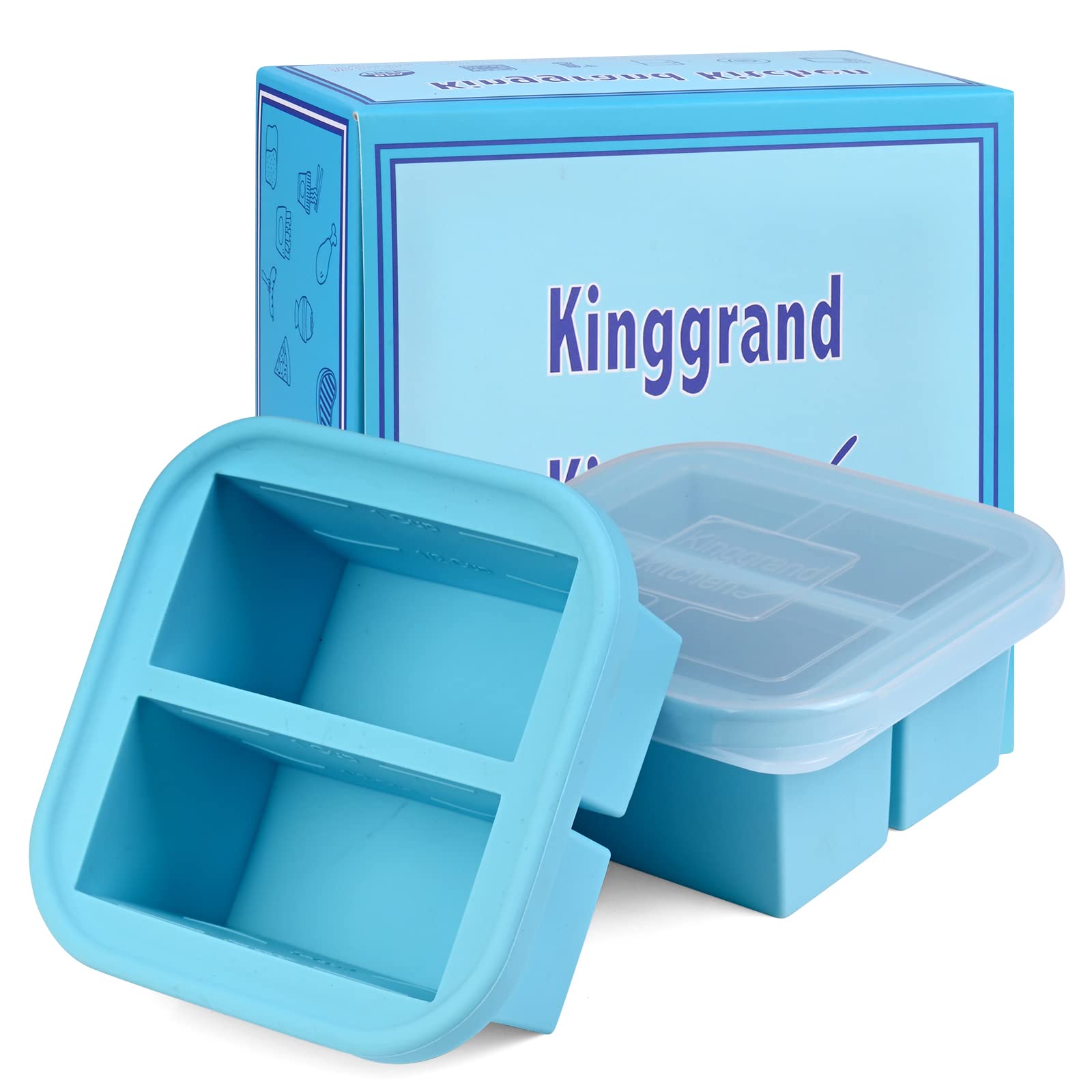 Kinggrand Kitchen 1-Cup Silicone Freezer Tray With Lid 2 Pack Soup Freezer Molds Food Freezing Container Make 4 Perfect Soups, B