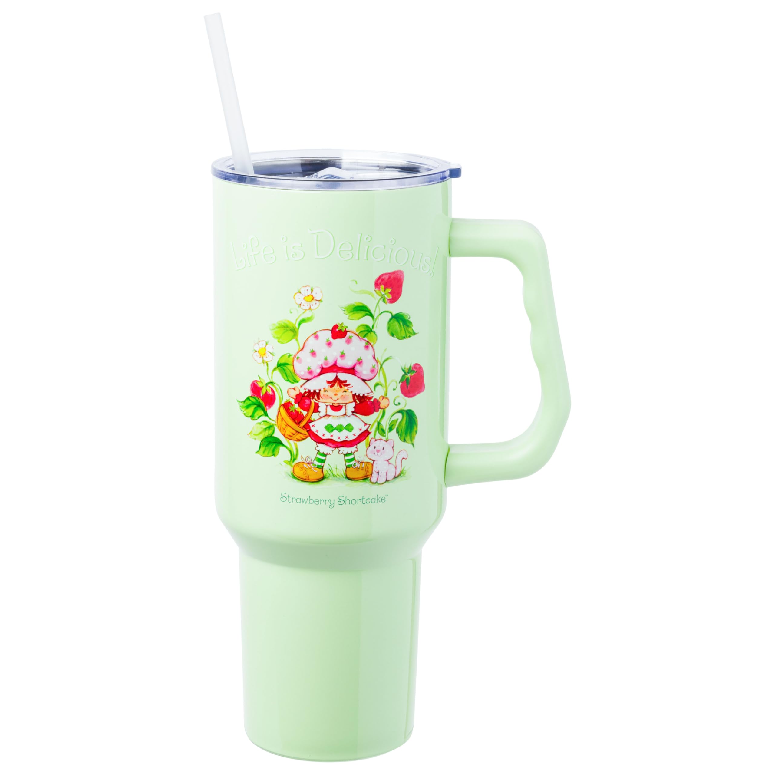 Silver Buffalo Strawberry Shortcake Life is Delicious Flowers Vintage Stainless Steel Tumbler with Handle and Straw, Fits in Sta
