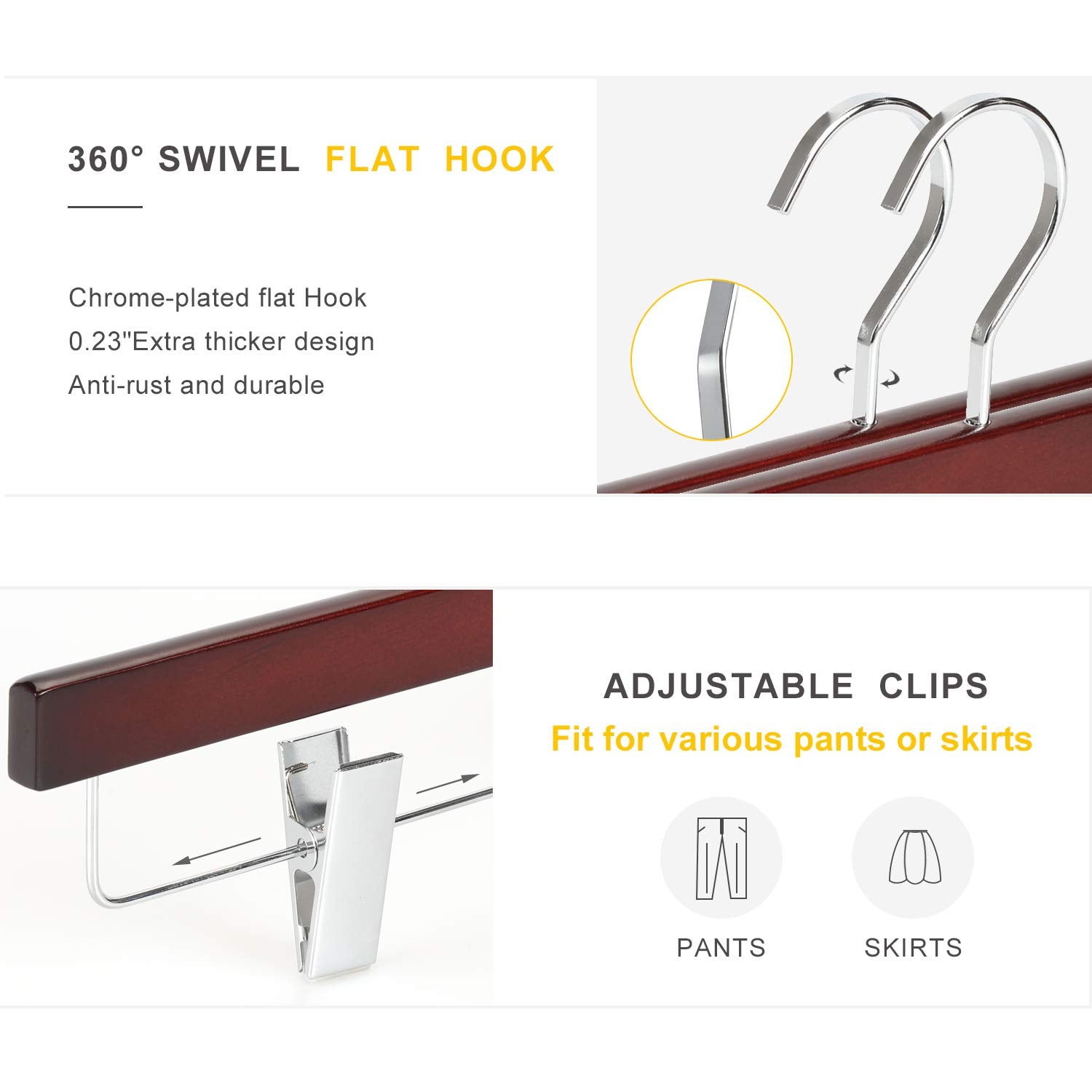 TOPIA HANGER Pants Hangers  Deluxe Cherry Wood Hangers with Premium Metal Clips and 360 Swivel Anti-Rust Flat Hook  20-Pack Boutique Hangers for Skirts  Trousers  Jeans Slacks-CT03M