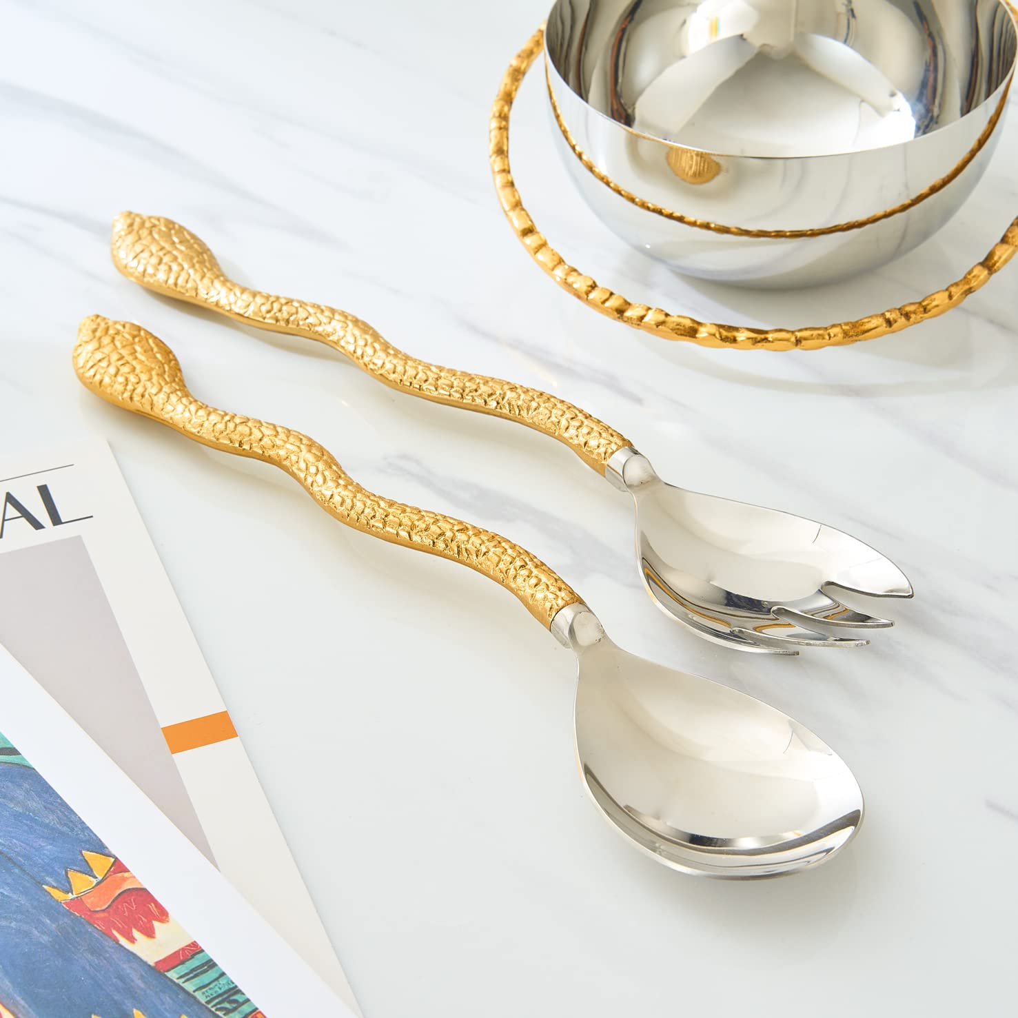 Gold Serpent Snake Salad Servers Brass & Stainless Steel, Fork & Spoon Set Snake Design Set, Two Tone Ideal For Weddings, Dinner