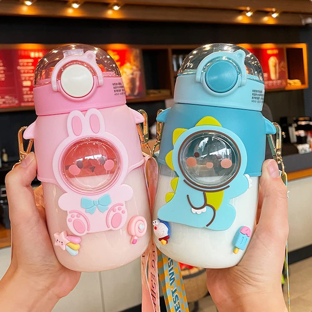 Excvalues Kawaii Bear Water Bottle With Straw And Shoulder Strap, 25Oz Cute Large Capacity Water Bottles With 3D Stickers For Gi