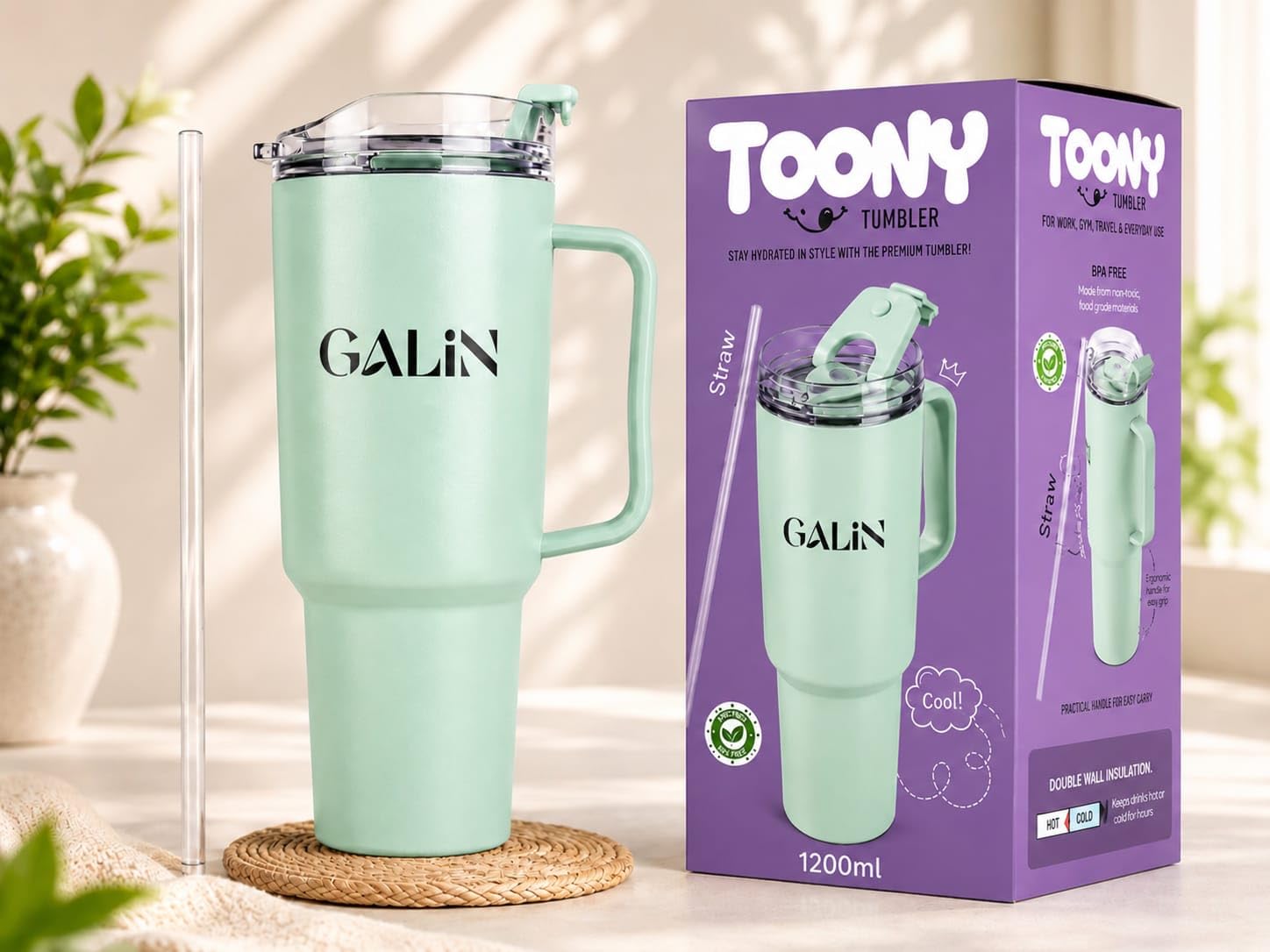 GALIN 1200ml BPA Free Plastic Tumbler with Handle & Straw | Large Capacity Reusable Travel Mug with LeakResistant Lid | Lightwe