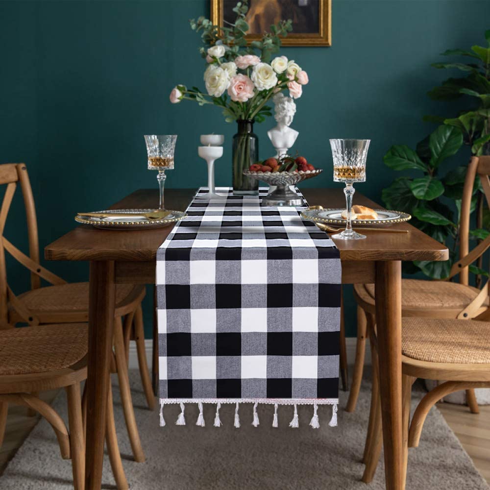 Duobao Black And White Checkered Table Runner 90 Inches Long Halloween Tablecloth Runners Buffalo Plaid Fabric With Tassels Ging