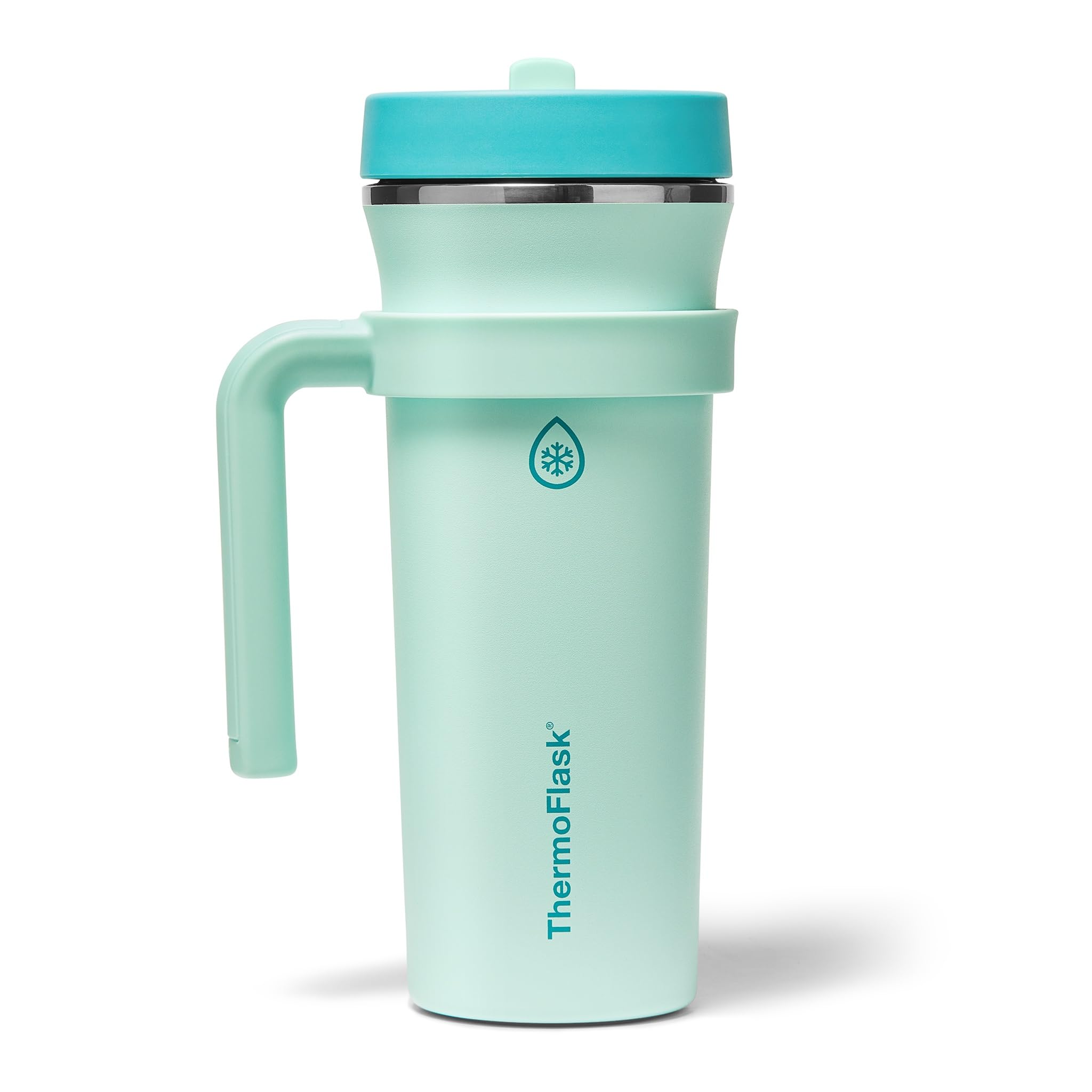 ThermoFlask 32 oz Double Wall Vacuum Insulated Stainless Steel Tumbler with Removable Handle, Foldable Straw Lid, Aqua Breeze