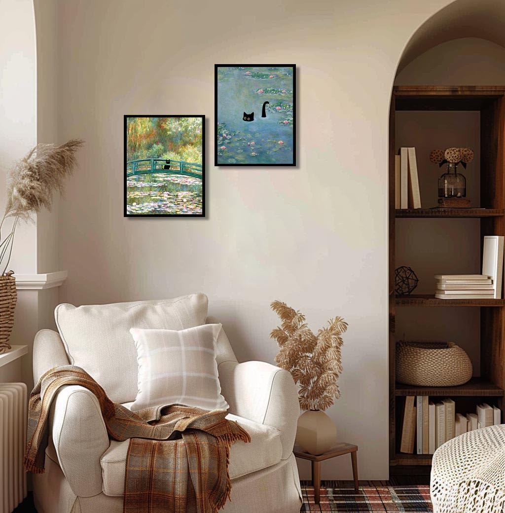 Oulawote Cat Wall Art Monet Prints Vintage Canvas Wall Art Funny Cat In Water Lilies Posters For Room Bedroom Living Room Bathro