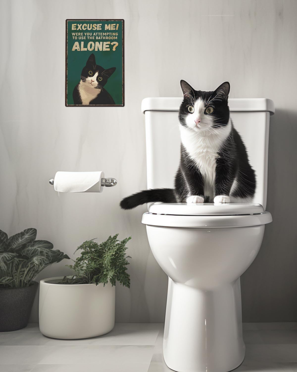 Alkb Funny Tuxedo Cat Metal Signs Black Cat Metal Poster Tuxedo Cat Lover Gift Vintage Bathroom Wall Decor 8 X 12 Inch