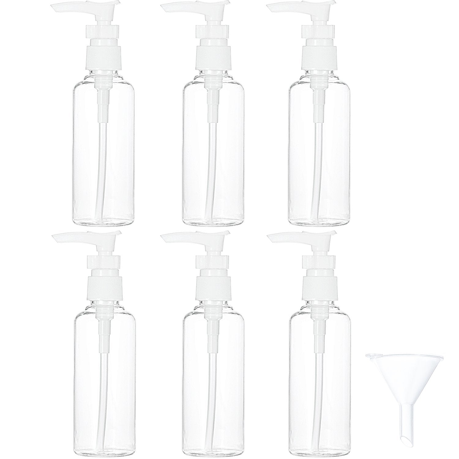 Tecunite 6 Pack Transparent Travel Bottles Pump Bottle Lotion Dispenser Bottle Set With Small Funnel For Flight, Airport, Holida