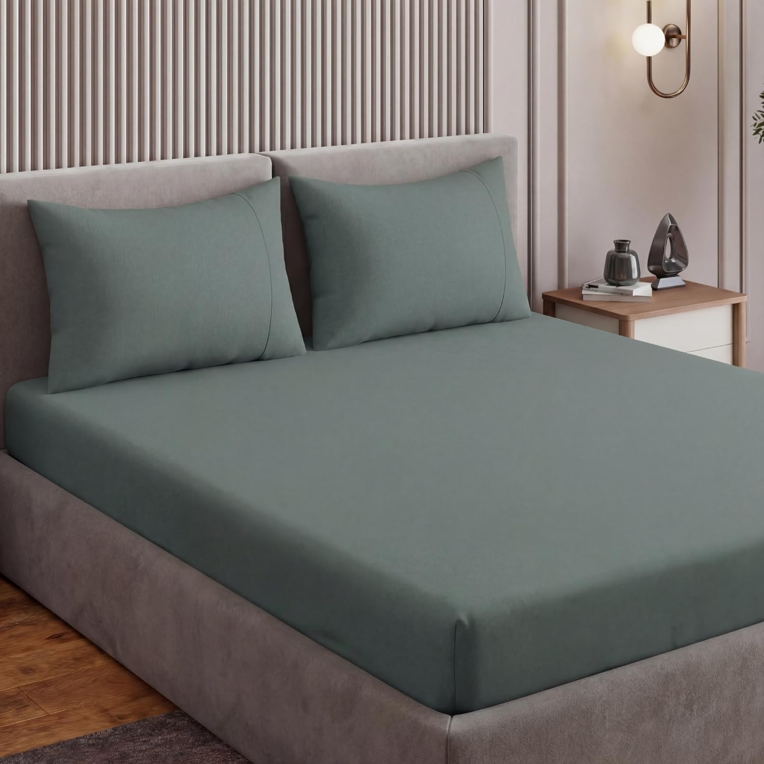 Haus And Kinder Double Bedsheet, 300 Tc 100% Organic Cotton Percale Weave, Fitted Bedsheet For Double Size Bed With 2 Pillow Cov