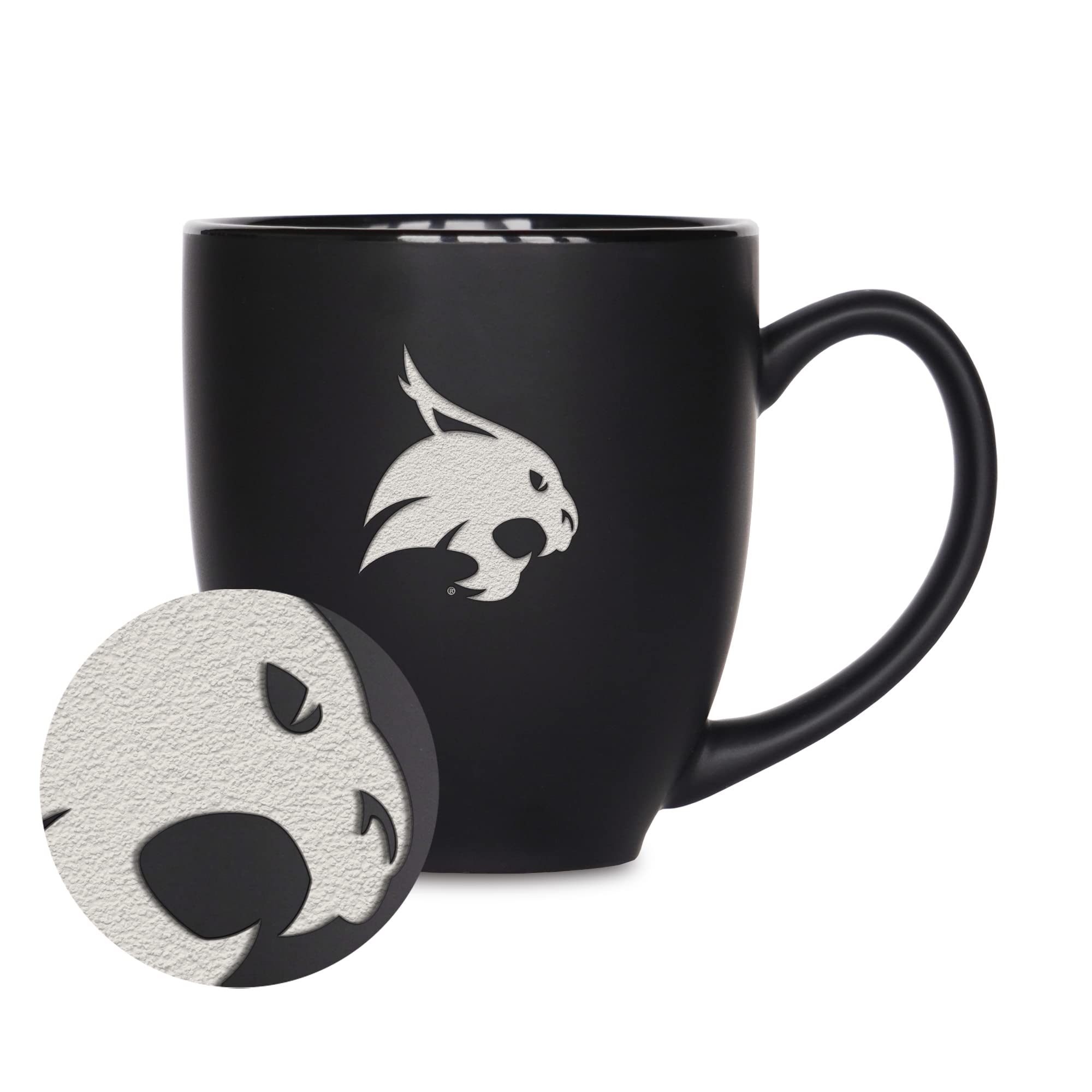 Rico Industries NCAA Texas State Bobcats Main 15oz Laser Engraved Matte Black Ceramic Bistro Mug - For Hot or Cold Drinks