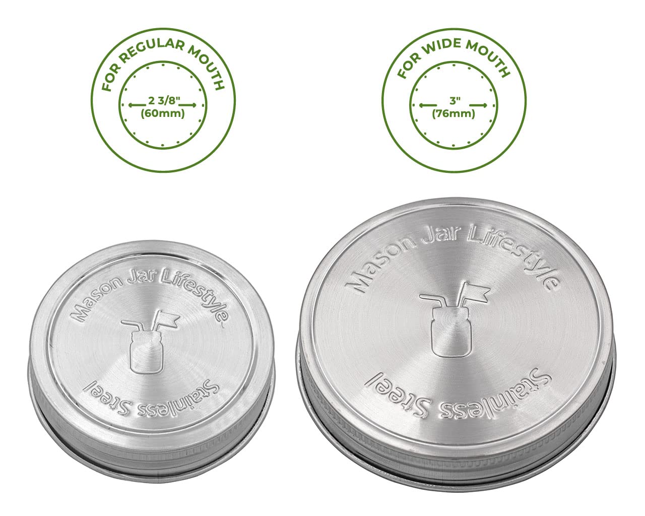 Mason Jar Lifestyle Rust Proof Stainless Steel Storage Lids With Platinum Silicone Liners (5 Pack, Wide Mouth)