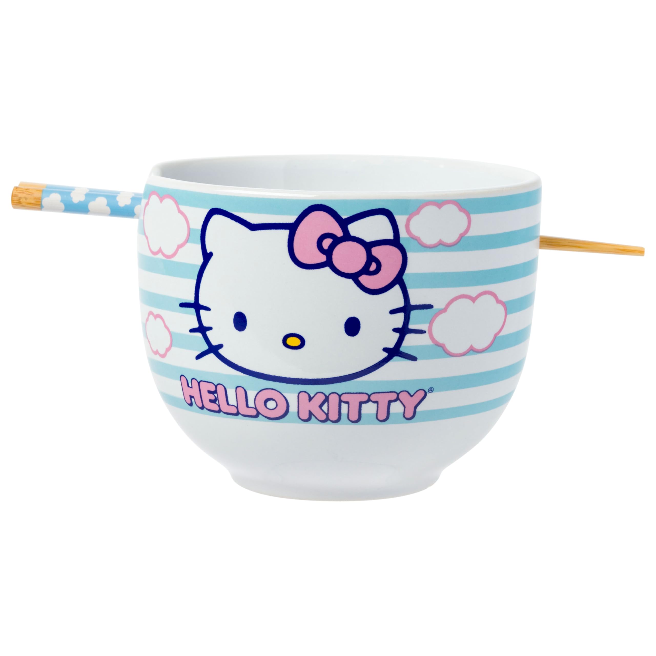 Silver Buffalo Sanrio Hello Kitty Blue And Pink Skies Ceramic Ramen Noodle Rice Bowl With Chopsticks, Microwave Safe, 20 Ounces
