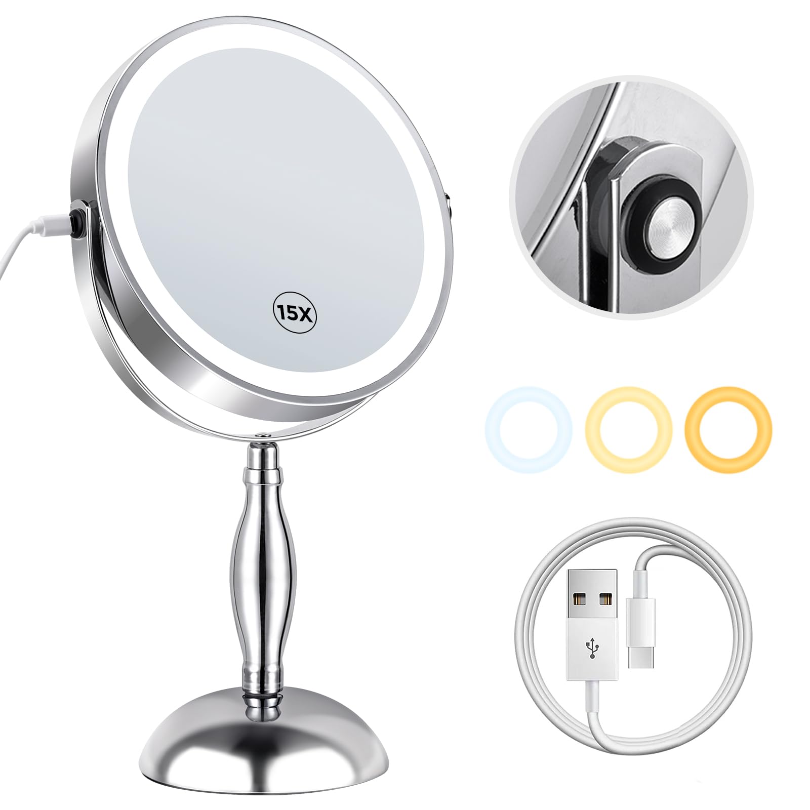 Daslava Lighted Makeup Mirror, Rechargeable 8'' 3 Color Vanity Mirror, 15X Magnifying Mirror With Brightness Adjustable, 360 Rot