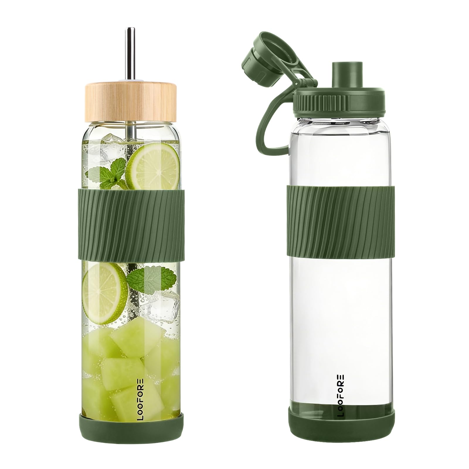 LOOFORE 32 oz Glass Water Bottle with Straw and Handle, Large Sports Water Tumbler with 2 Lids, Leak-proof BPA Free Water Jug Ca