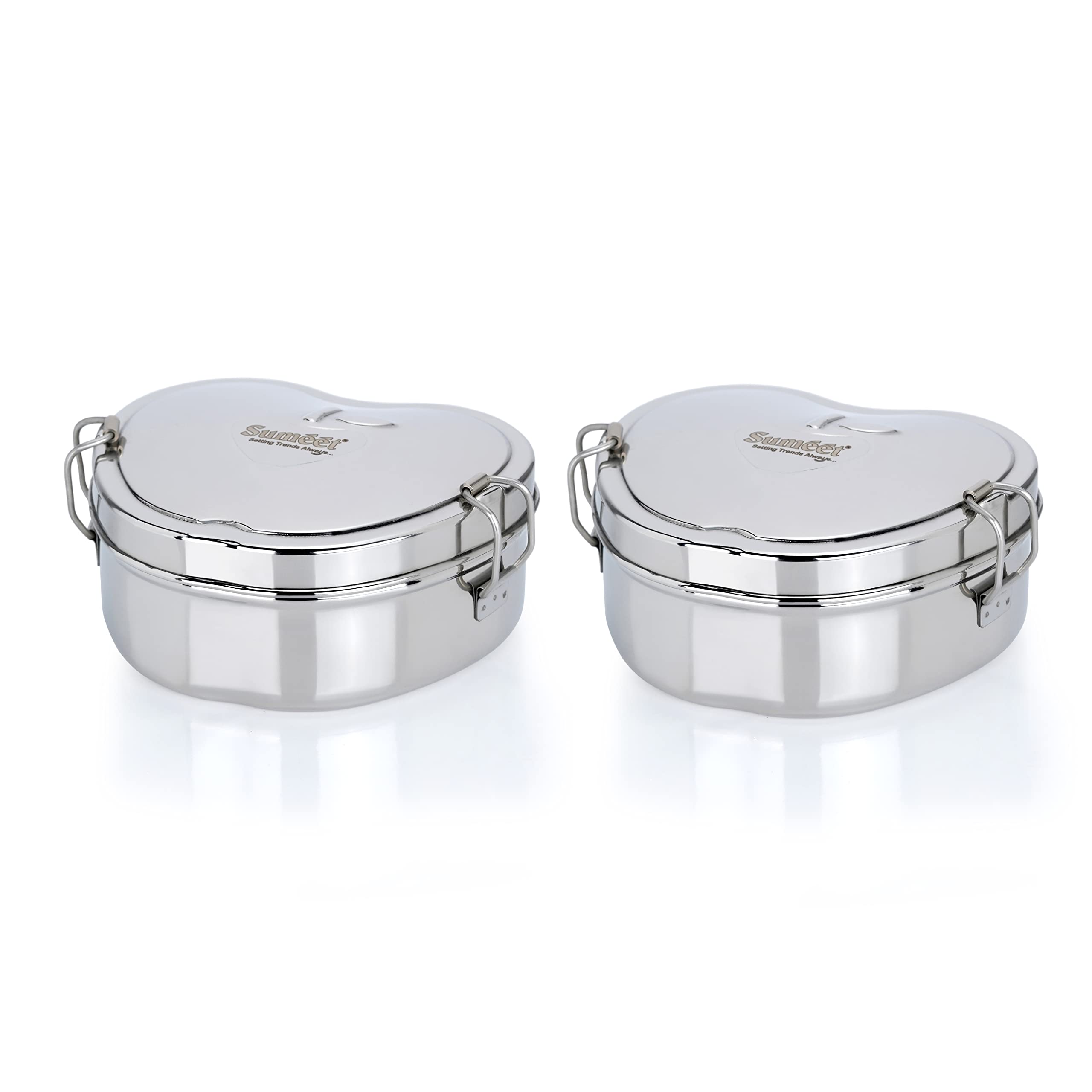 Sumeet Stainless Steel Apple Lunch Box/Tiffin with Steel Separator Plate and Locking Clip Set of 2 Pcs, 650ML Each, Ideal for 2 