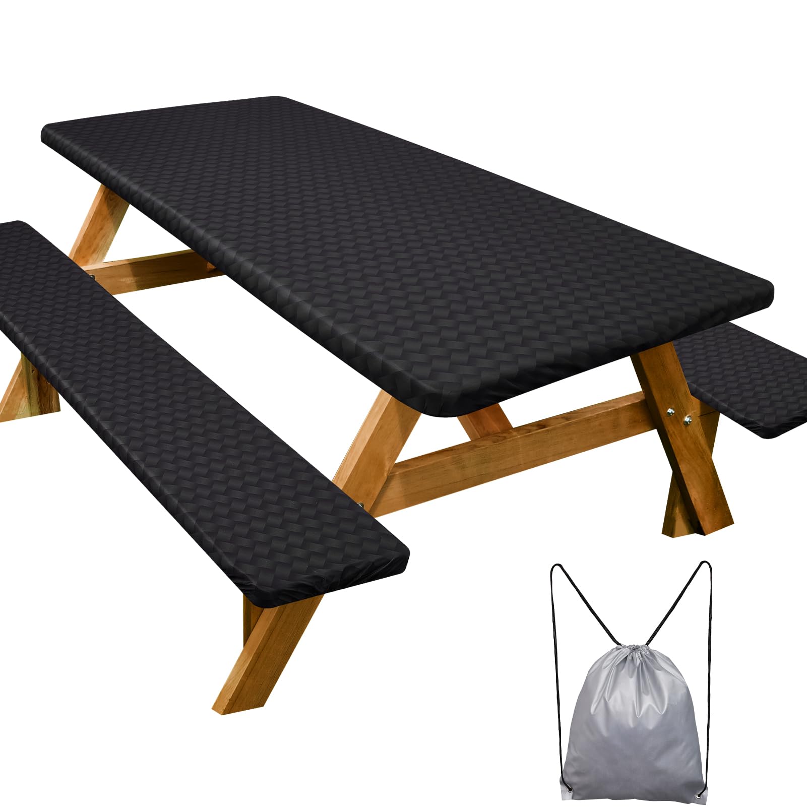 Picnic Table Cover With Bench Covers Camping Essentials Waterproof Windproof Camping Tablecloth With Drawstring Bag, Fitted Rect
