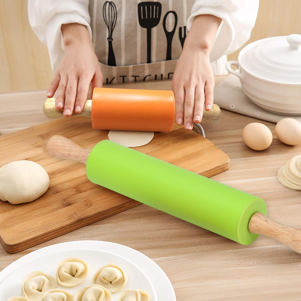 Alimat Plus Silicone Rolling Pin, Dough Roller For Pizza, Cookie With Wooden Handle And Surface, 2 Pack Rolling Pins For Baking